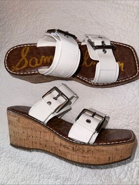 Sam Edelman White Double Buckle Cork Platform Wedge Sandals size 7